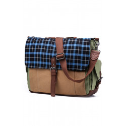 Canvas Messenger Bag with Plaid Flap